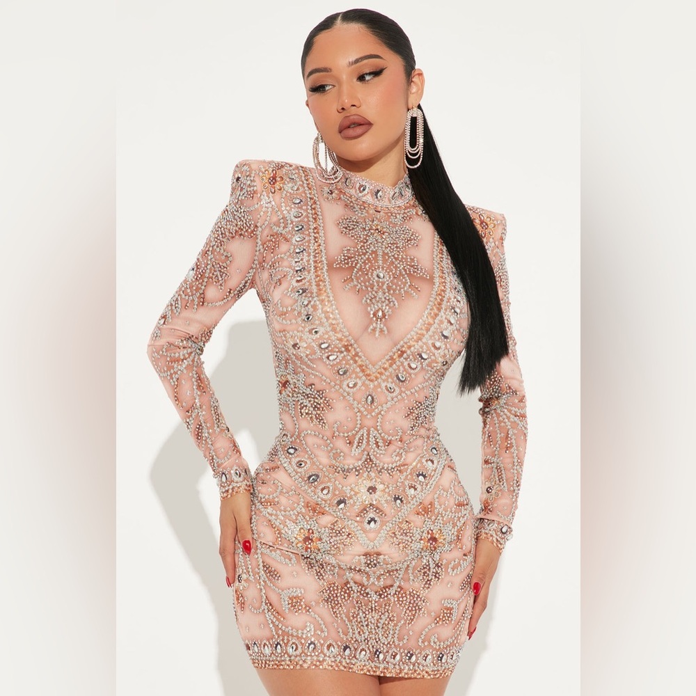 Fashion Nova Queen Cleopatra Embellished Mini Dress in Nude